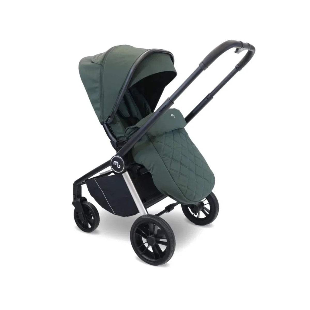 Forest green stroller seat with quilted base, canopy and black wheels