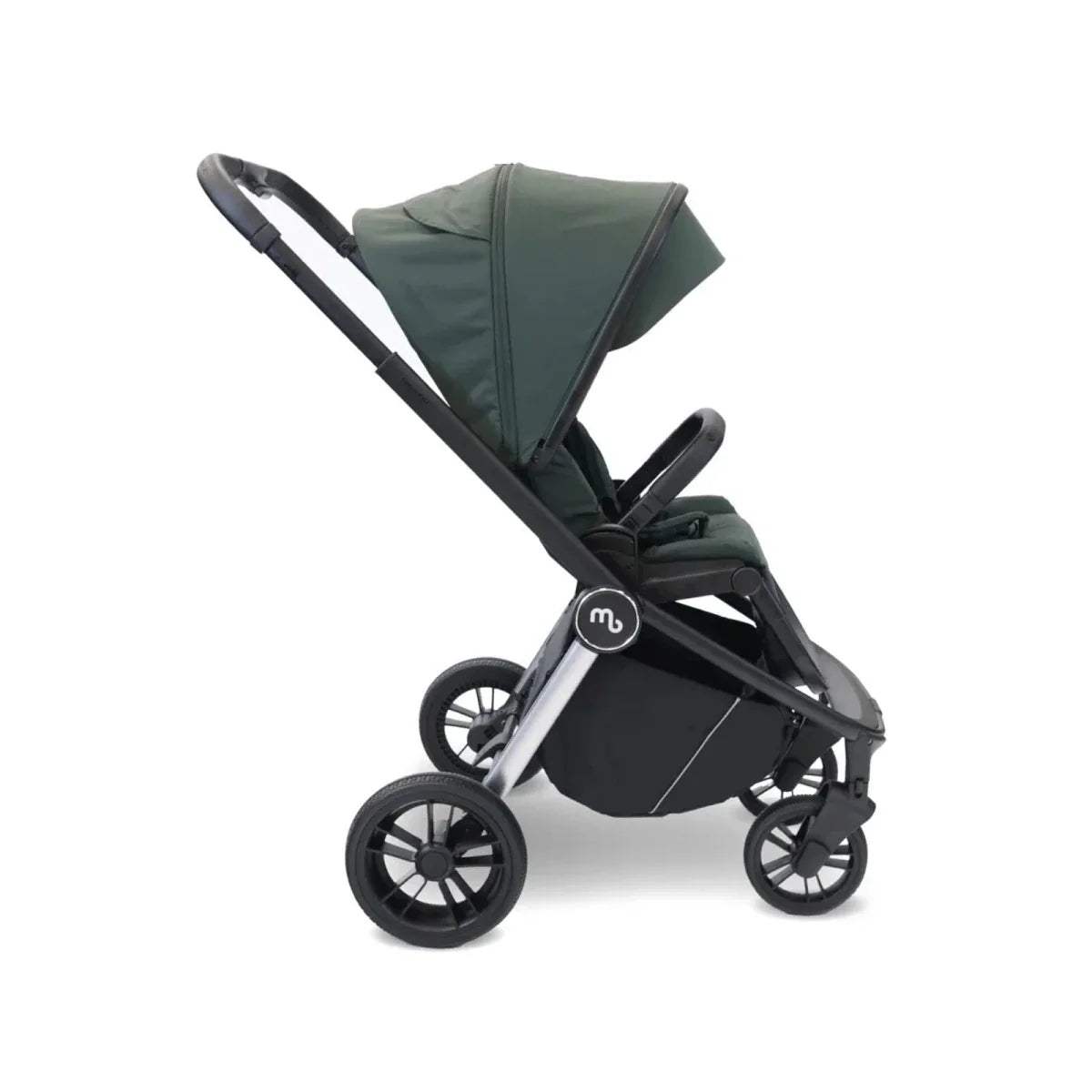 Forest green stroller pushchair with canopy and black frame, angled view