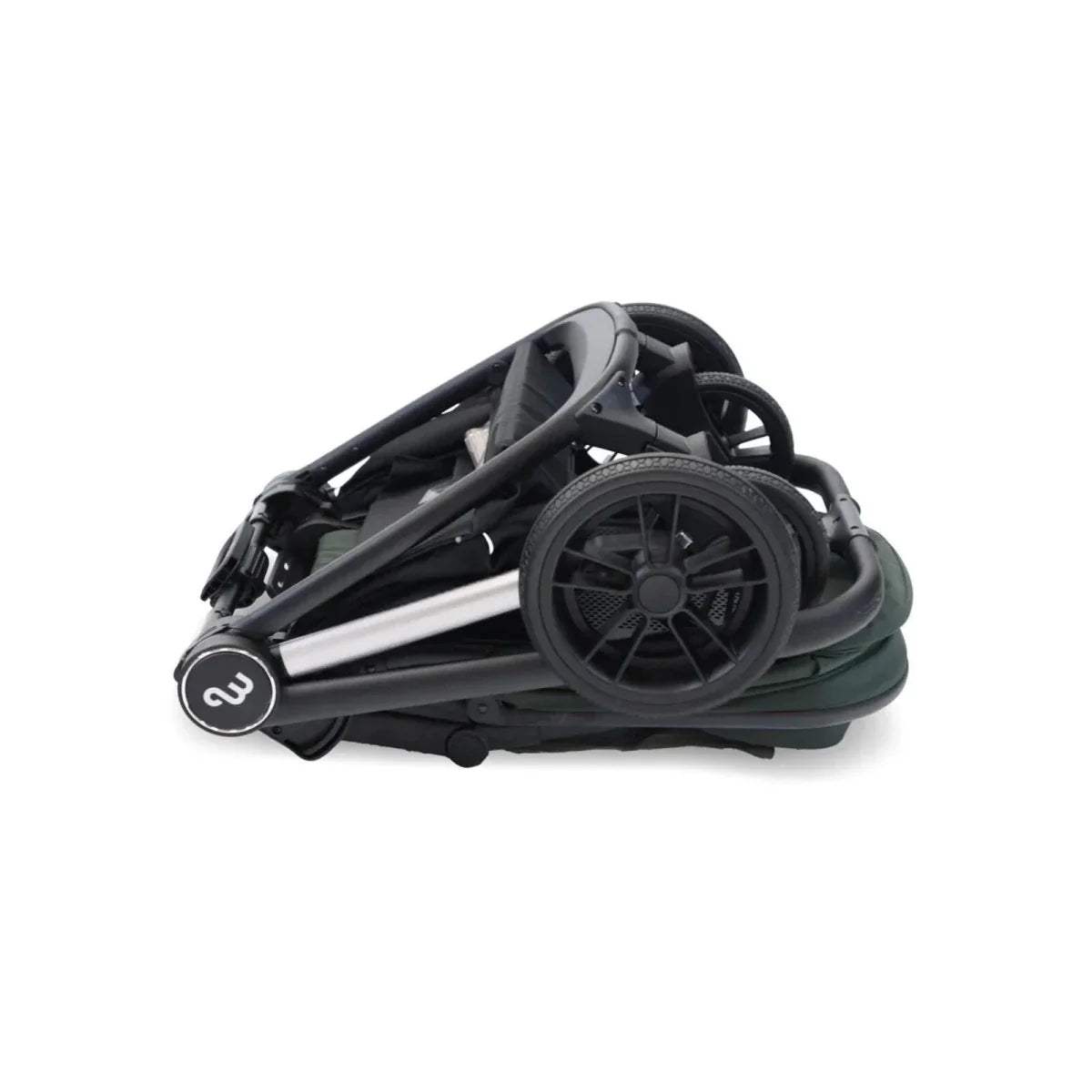 Folded stroller base with black frame, large wheels, and storage cover