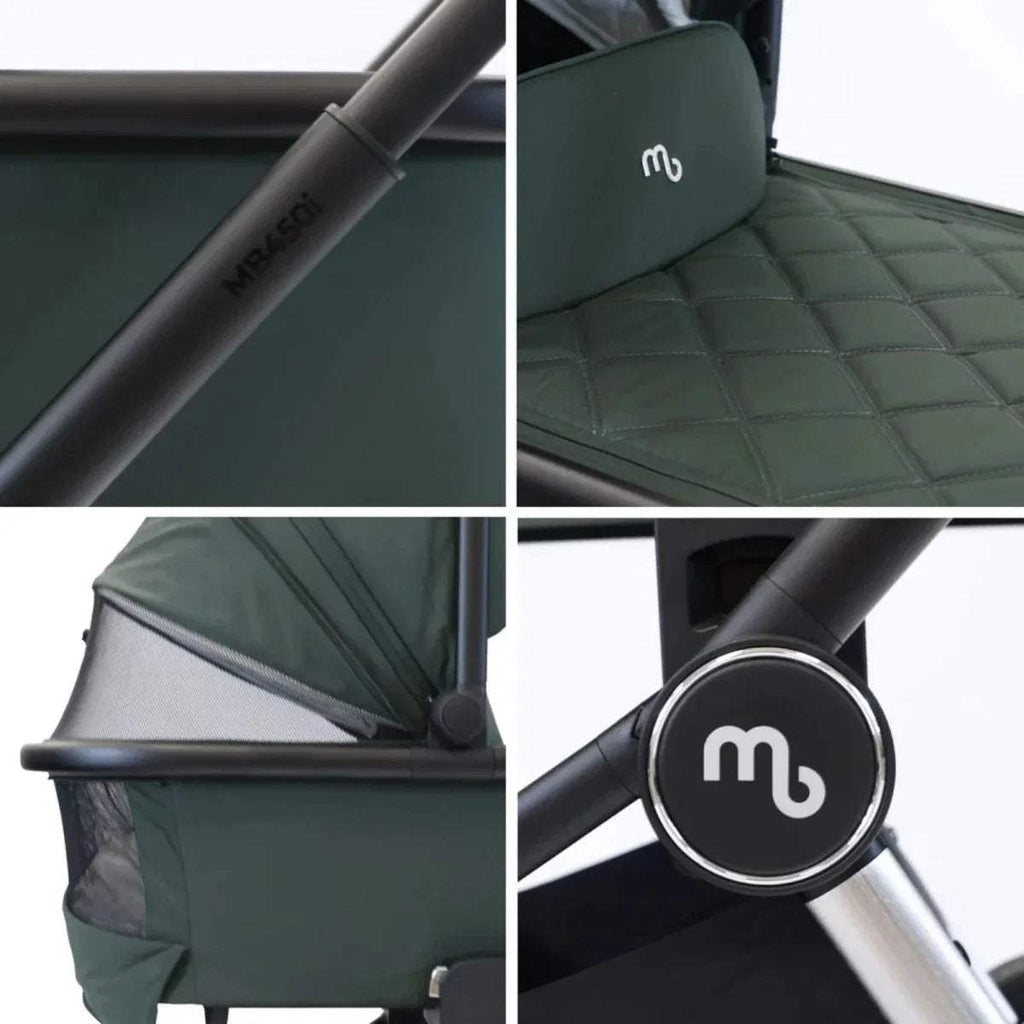 Forest green carrycot details with quilted fabric, m logo, and handlebar
