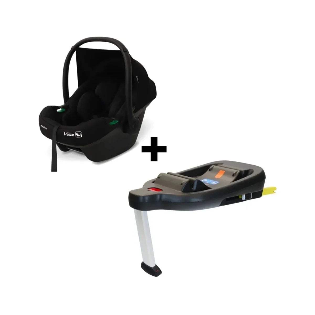 Black infant car seat with i-Size label and matching base with yellow release tabs