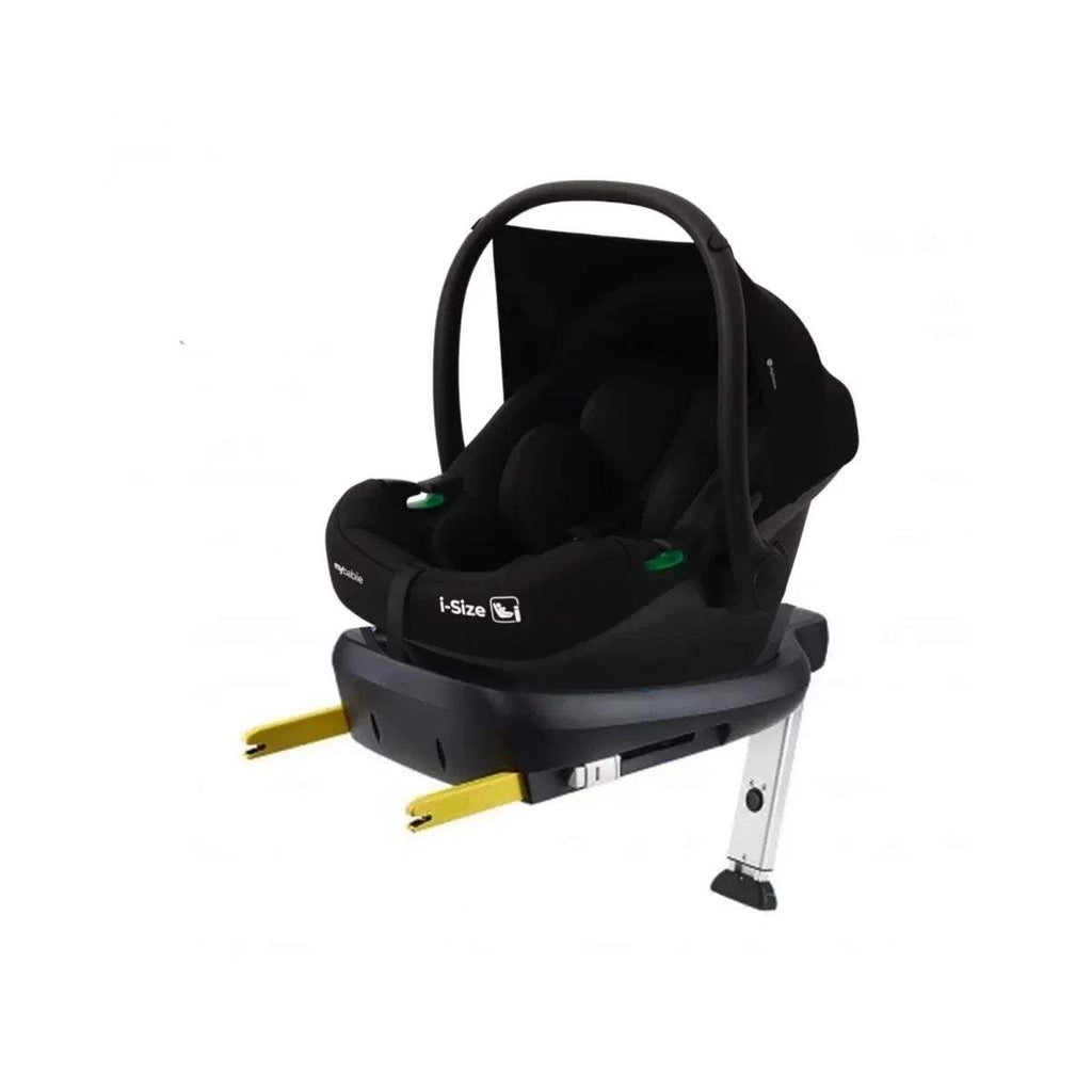 Black i-Size infant car seat with canopy and detachable base, front view