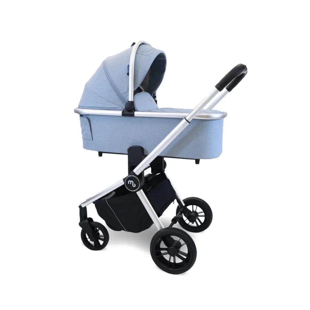 Steel blue stroller with carrycot-style base and canopy, side view