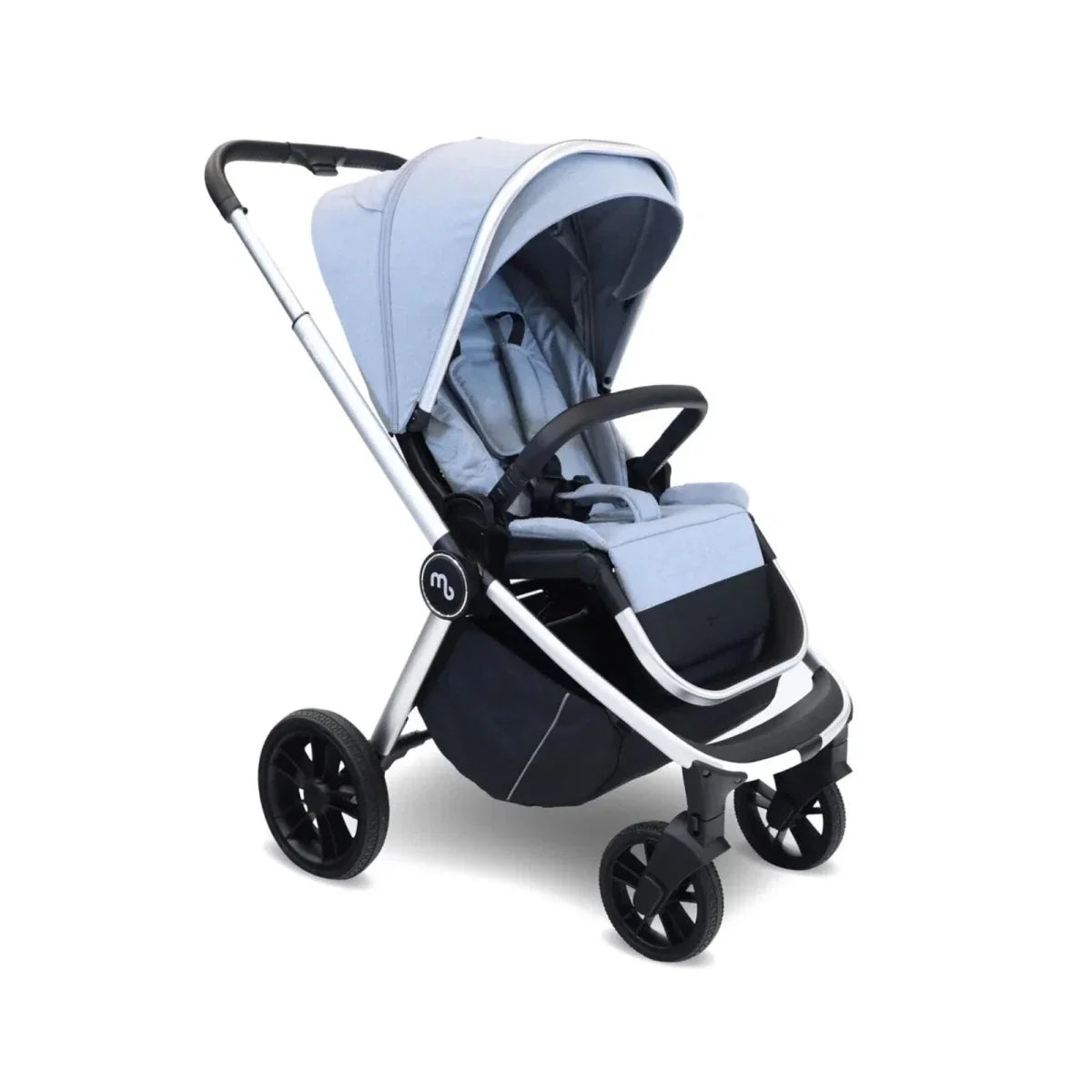 Steel blue stroller seat with canopy and black undercarriage, front 3/4 view