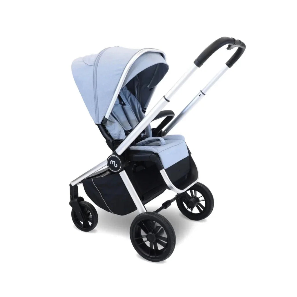 Steel blue stroller with canopy and handlebar, black wheels visible