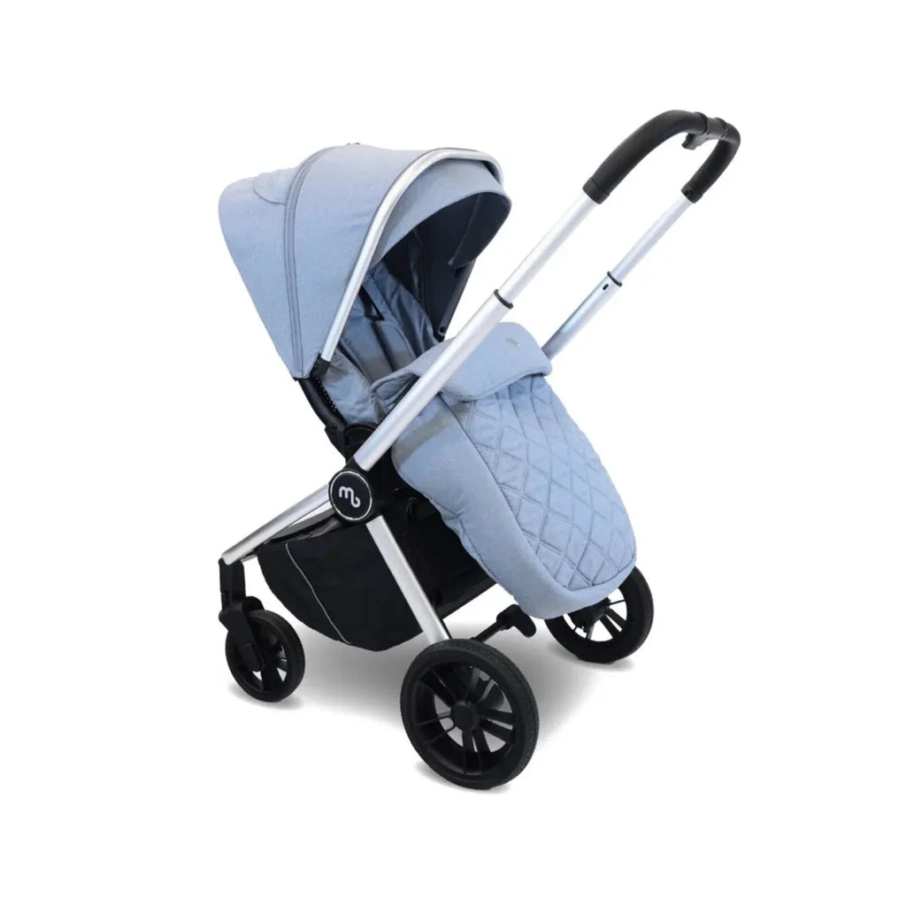 Steel blue stroller seat with quilted footmuff and canopy, side view