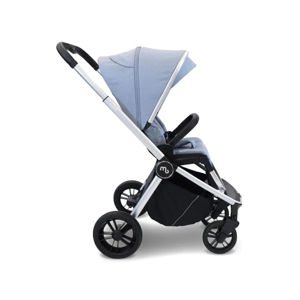 Steel blue stroller with black basket and canopy, angled side view