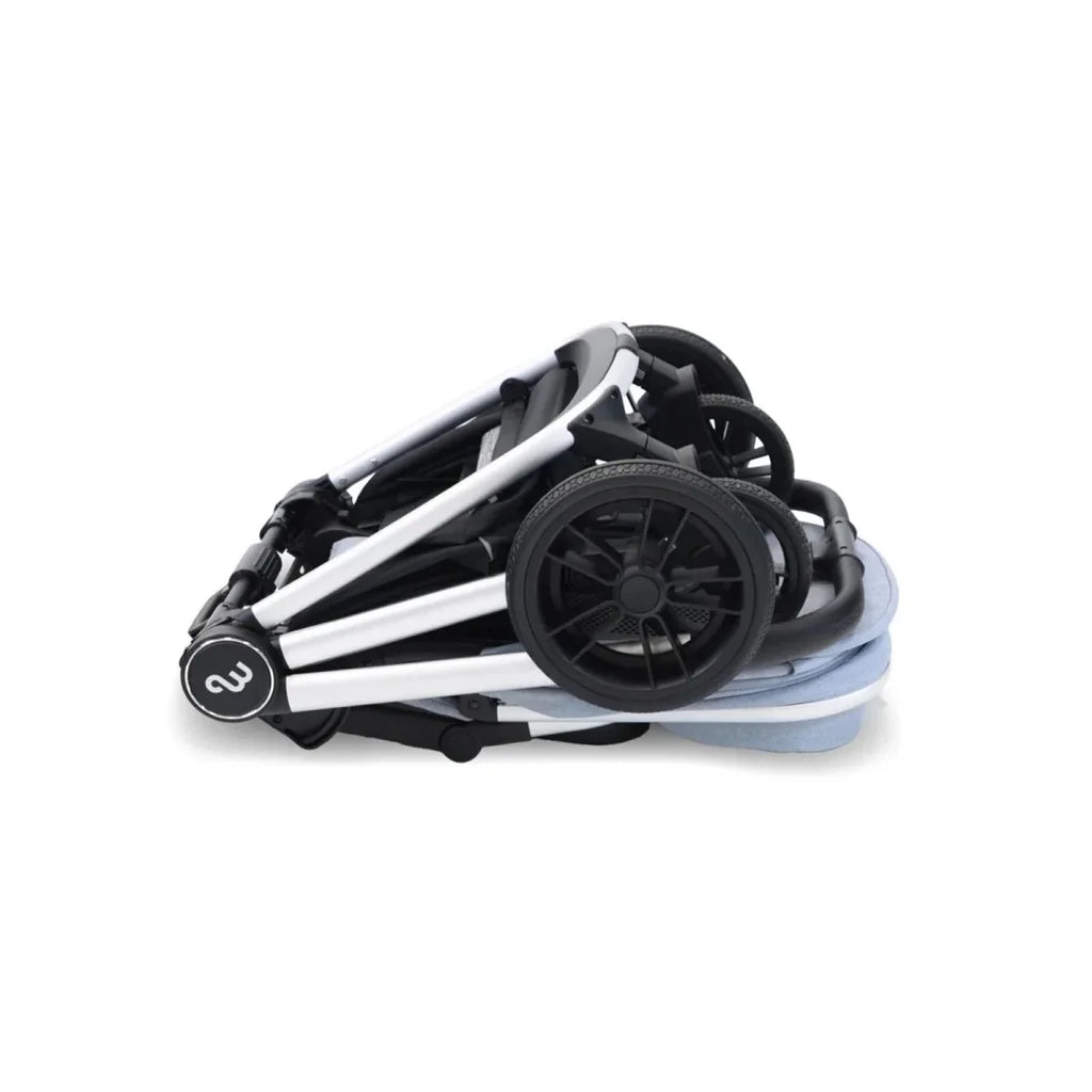 Steel blue stroller chassis with large wheels, side close-up