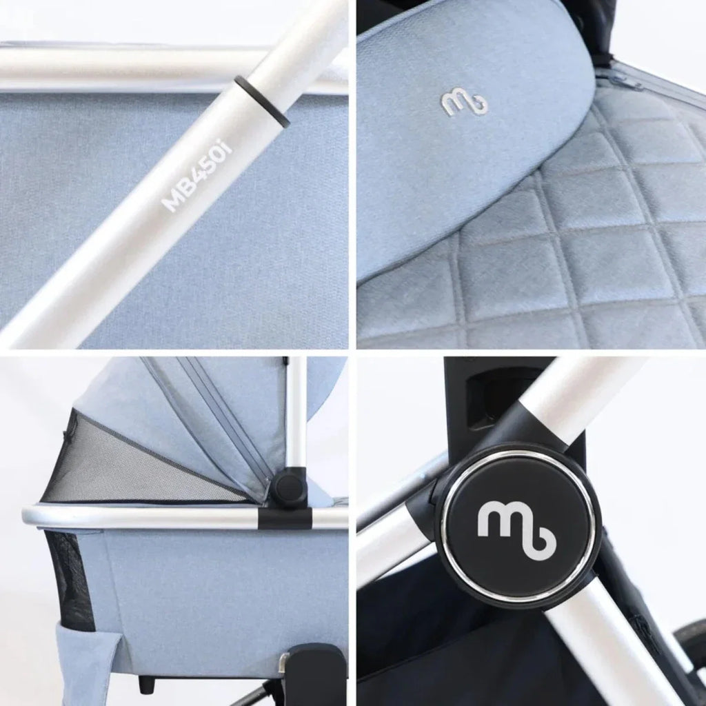 Stroller frame and fabric details with MB450i marking and m logo, steel blue