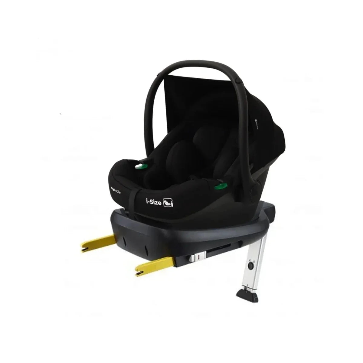 Black i-Size infant car seat with handle and base legs, yellow release tabs