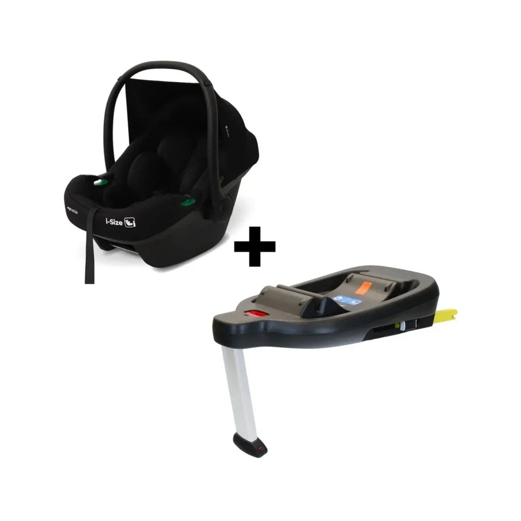 Black i-Size infant car seat with compatible base, shown as a set