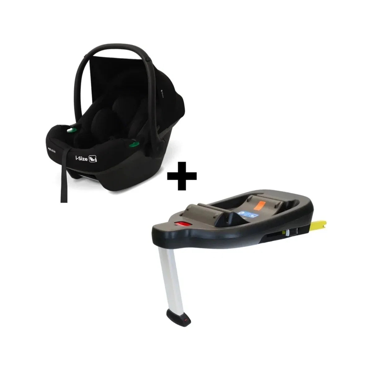 Black i-Size infant car seat with compatible base, shown as a set