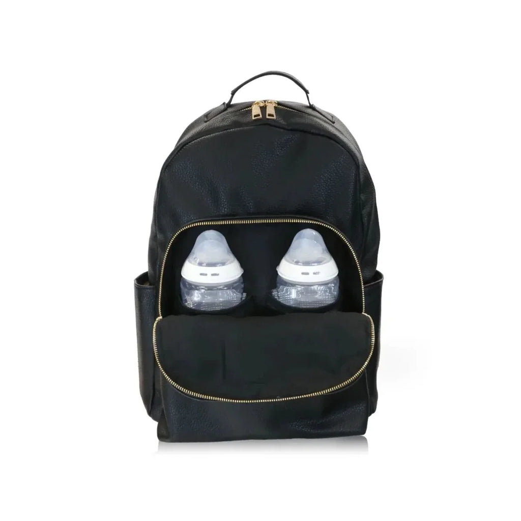 Baby travel backpack with front zipper pocket and bottle storage compartments
