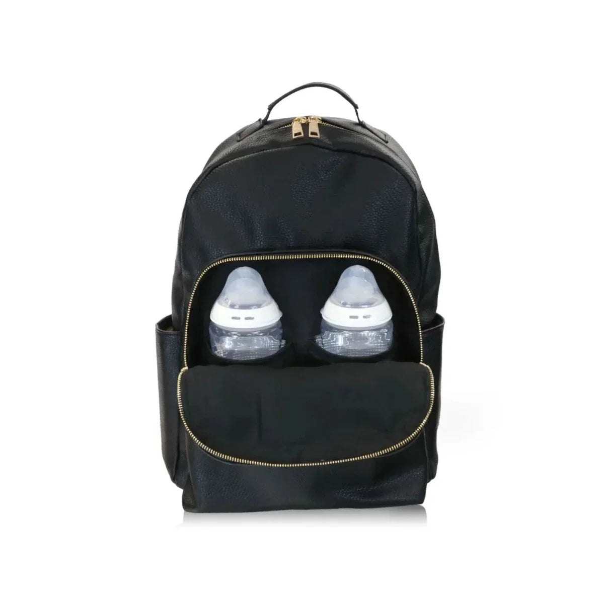 Baby travel backpack with front zipper pocket and bottle storage compartments