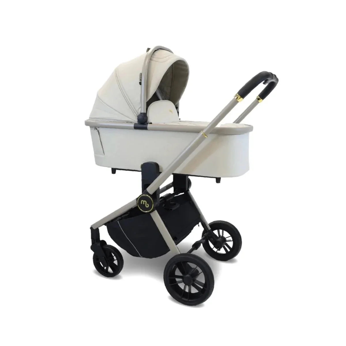 Ivory stroller with carrycot-style bassinet and black wheels