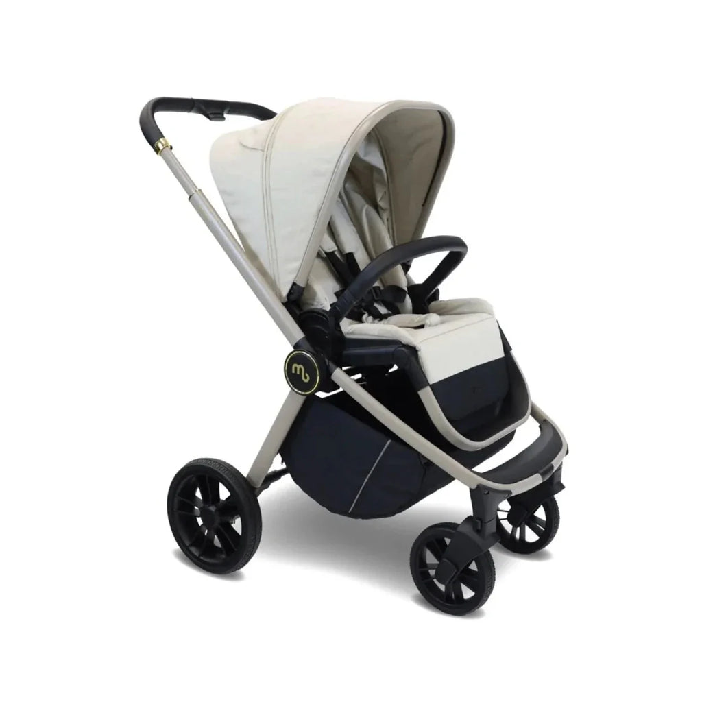 Ivory and black stroller seat with canopy and five-point harness