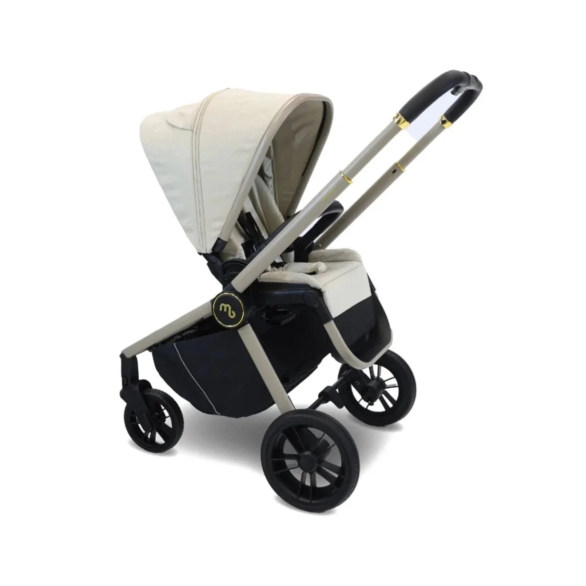 Ivory stroller seat with canopy and black underframe, angled view