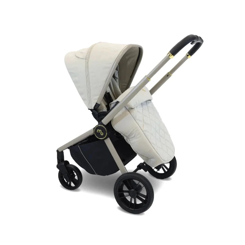 Ivory stroller seat with quilted backrest panel and canopy, side view