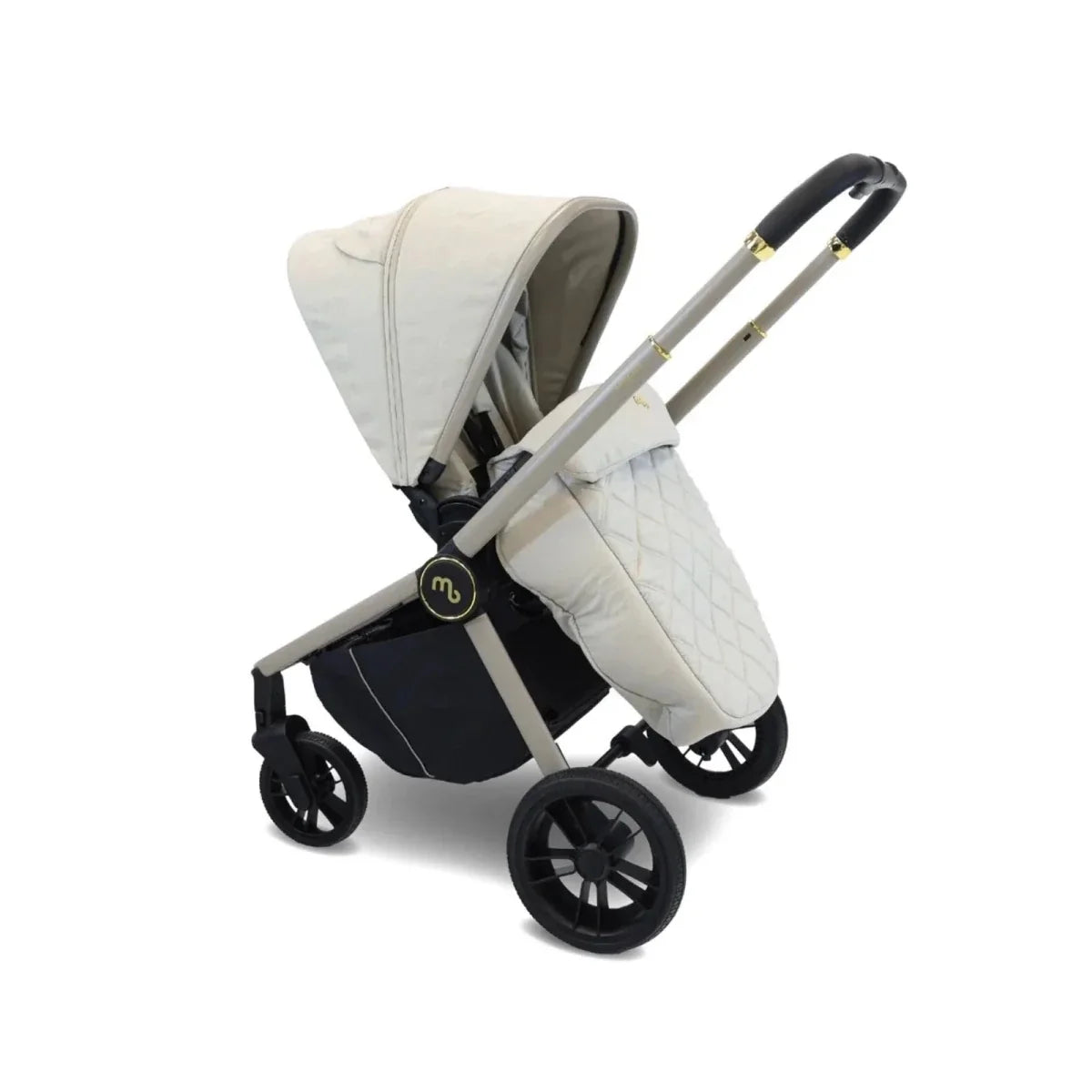 Ivory stroller seat with quilted backrest panel and canopy, side view