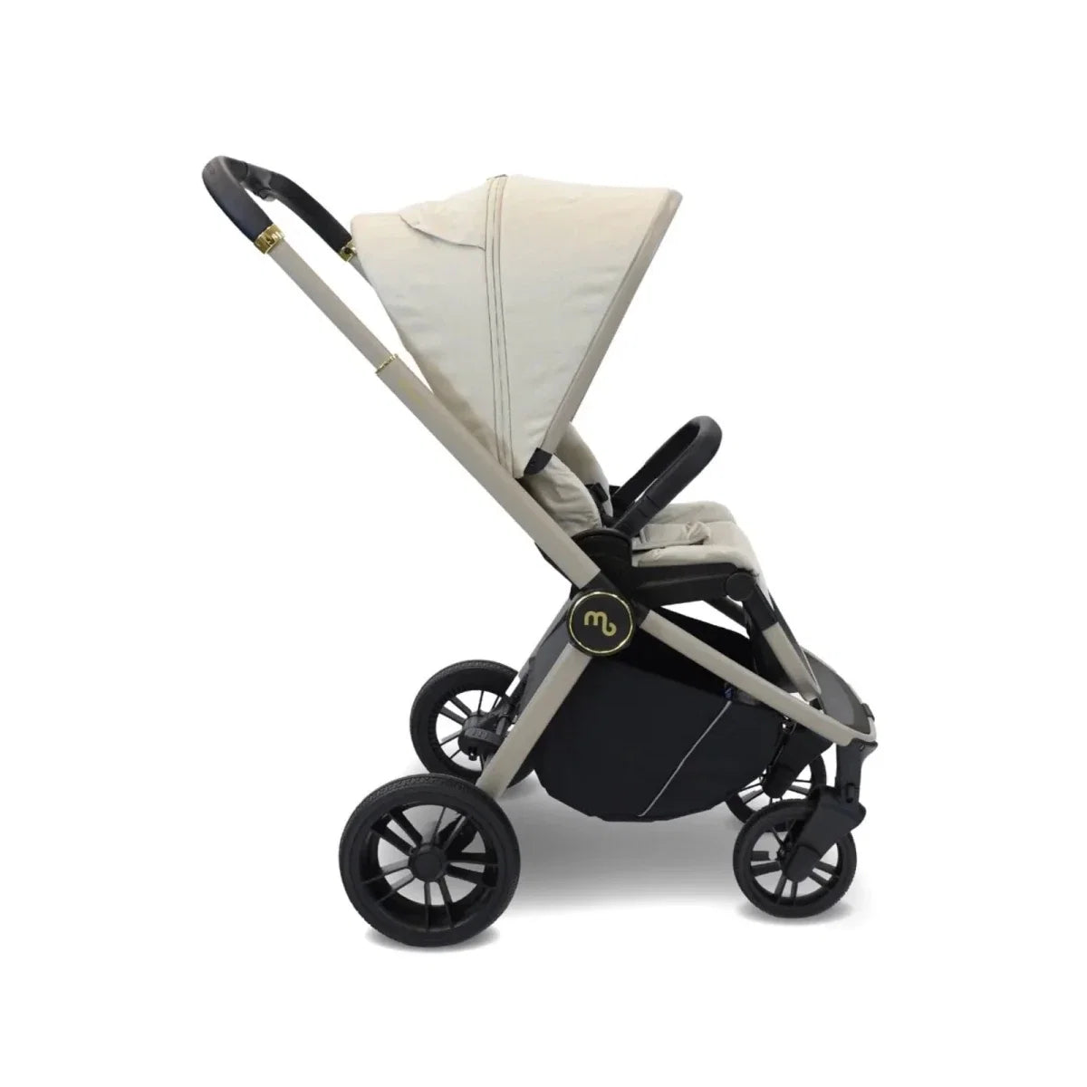Ivory stroller pushchair with canopy and black wheelbase, angled view