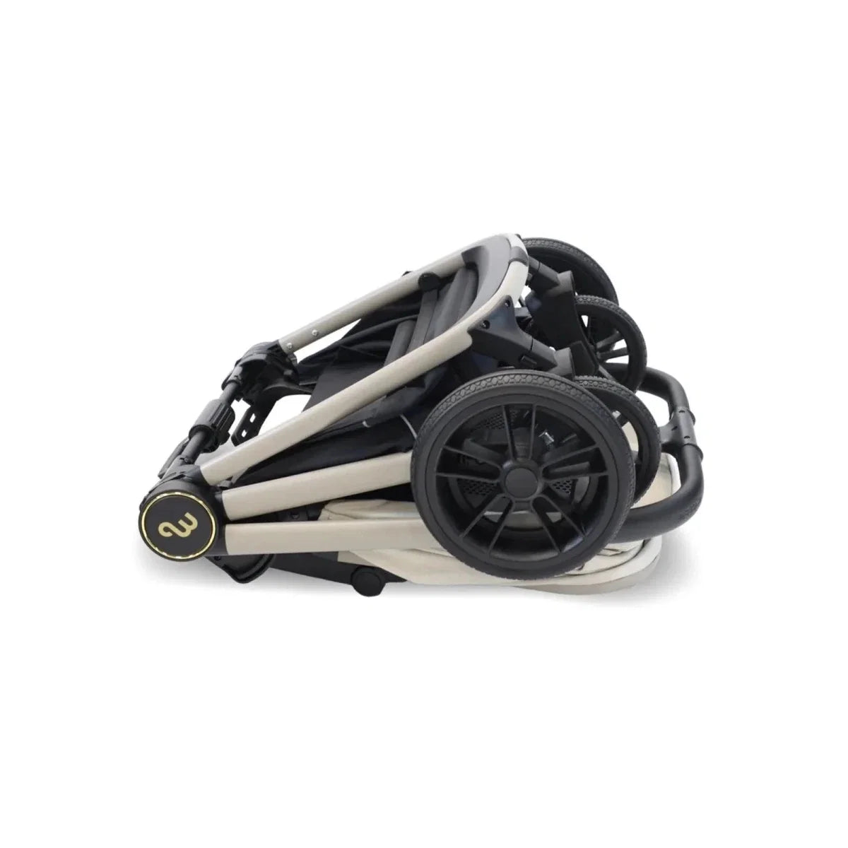 Ivory and black stroller chassis with large front wheels, side view