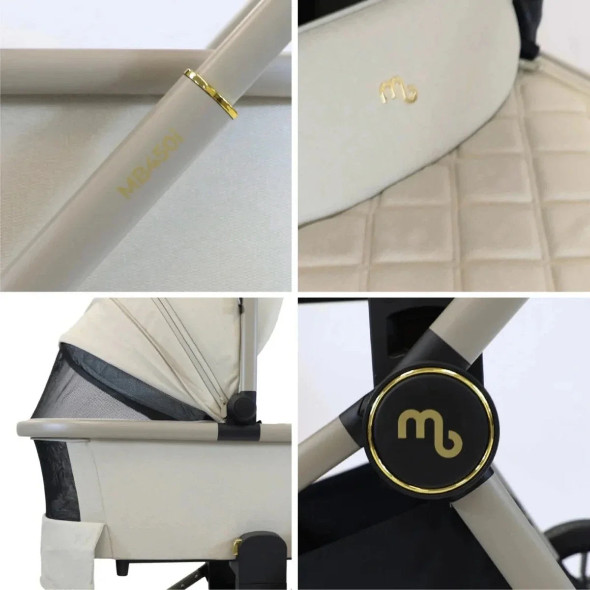 Ivory carrycot and stroller handlebar close-up with gold accents