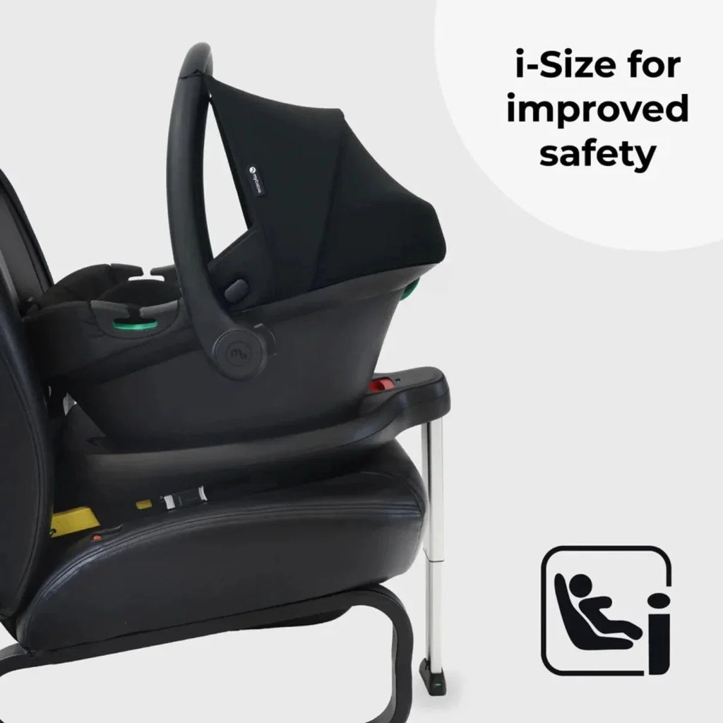 Dark stroller travel system with infant car seat and safety icon label on side