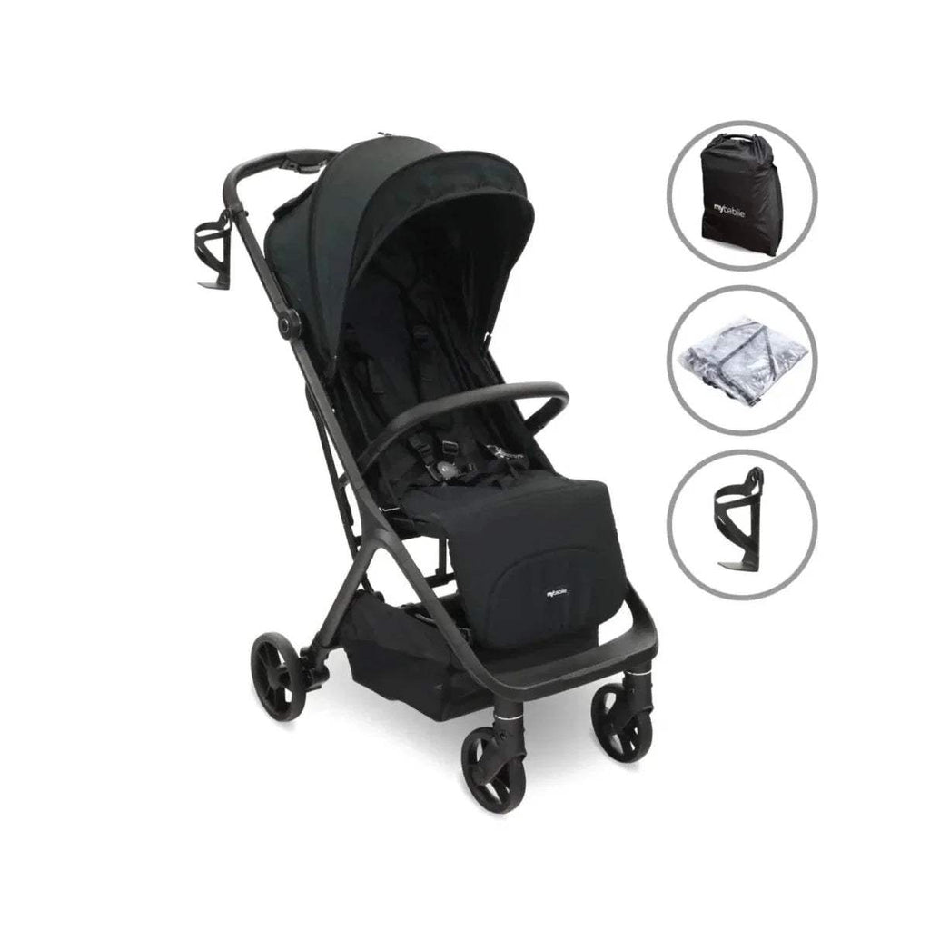 Black compact stroller with canopy, padded seat, and four-wheel frame