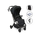 Black compact stroller with canopy, padded seat, and four-wheel frame