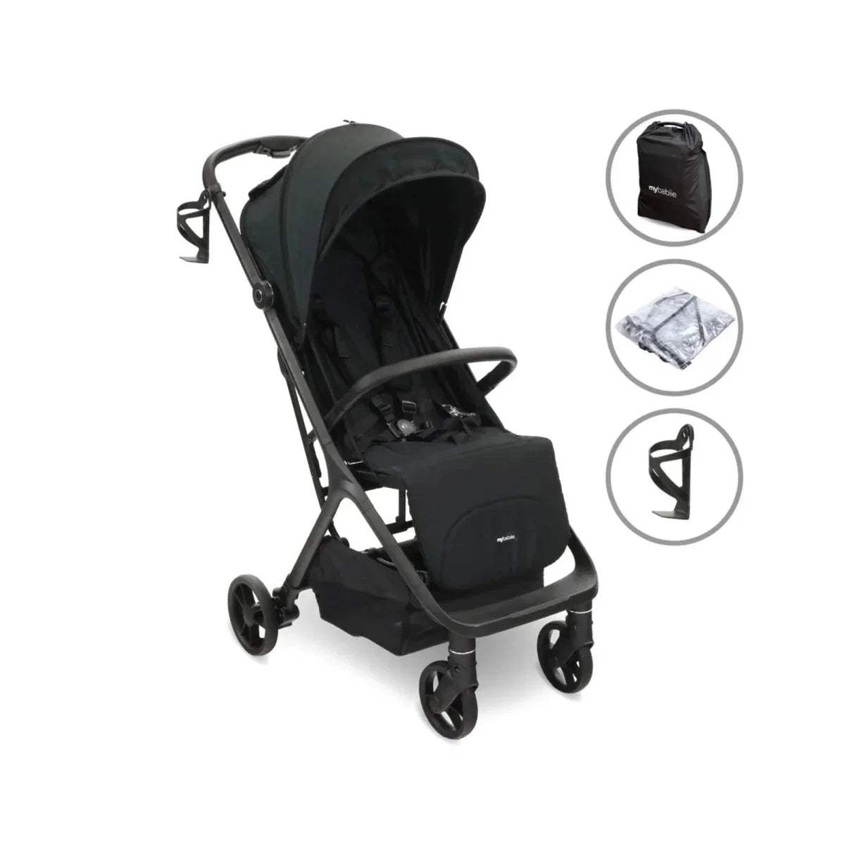Black compact stroller with canopy, padded seat, and four-wheel frame