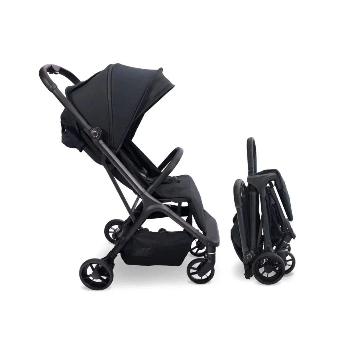Black compact stroller with canopy, reclining seat, and small swivel front wheels