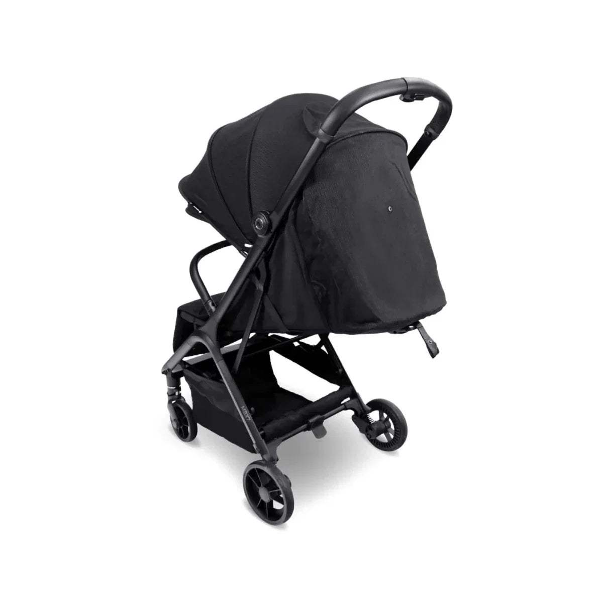 Black compact stroller with canopy and reclining seat, front wheels visible