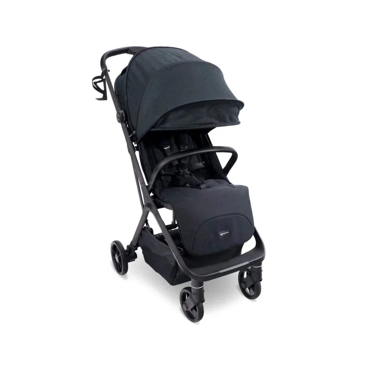 Black compact stroller with canopy and padded seat, front swivel wheels