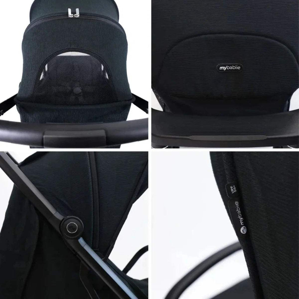 Black stroller seat and canopy close-up with mybabie logo and harness straps