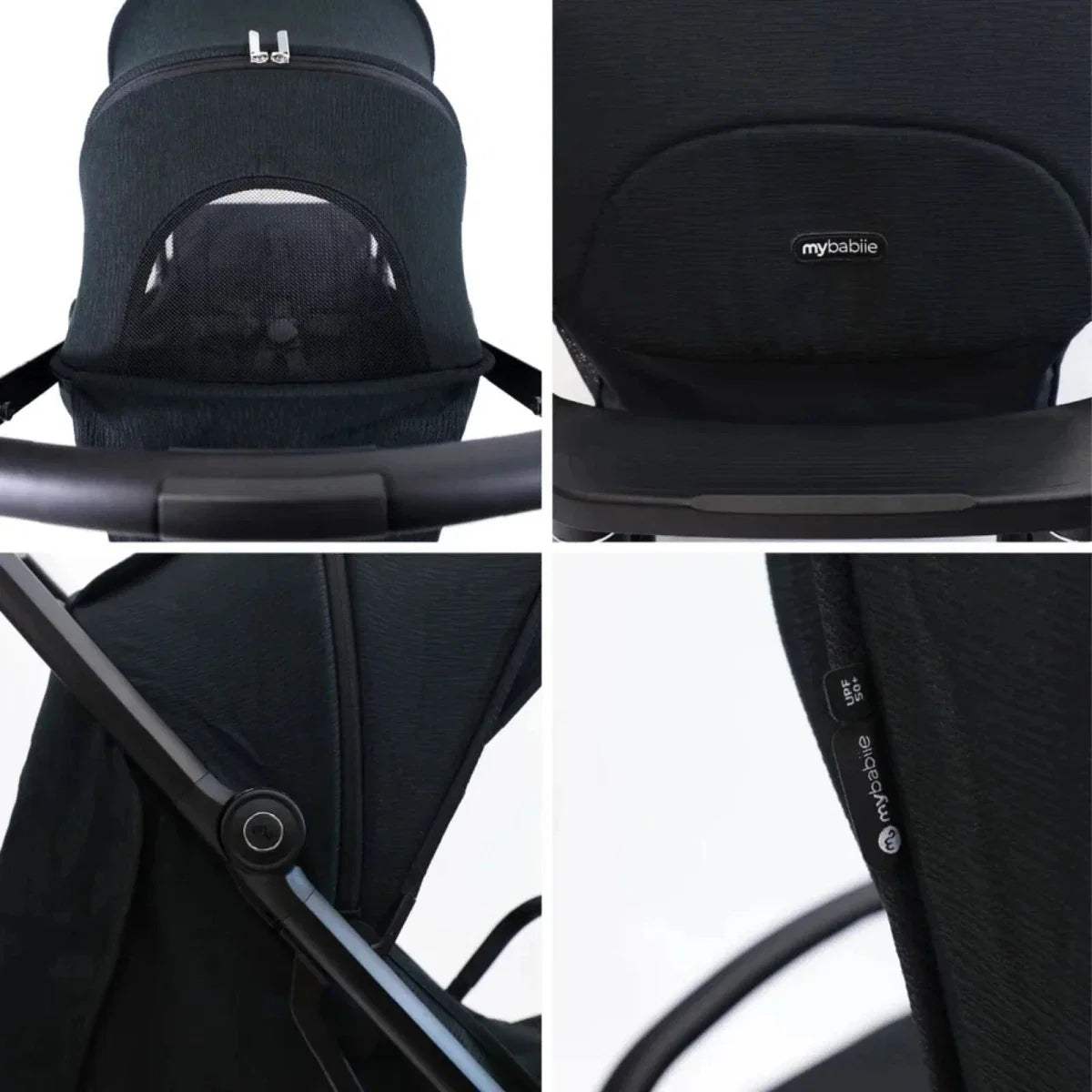 Black stroller seat and canopy close-up with mybabie logo and harness straps