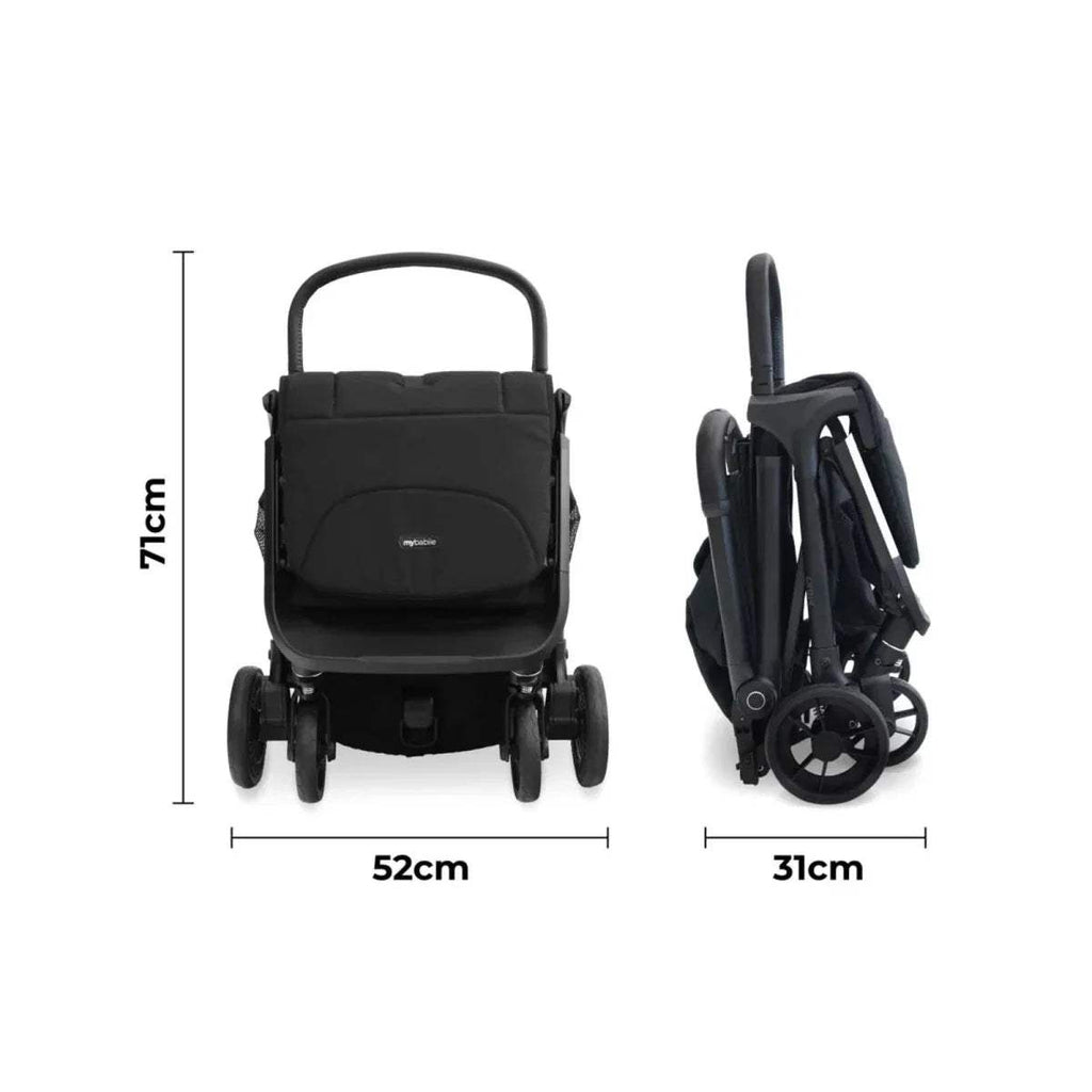Black stroller dimensions: 52cm wide, 7cm high, 31cm folded length
