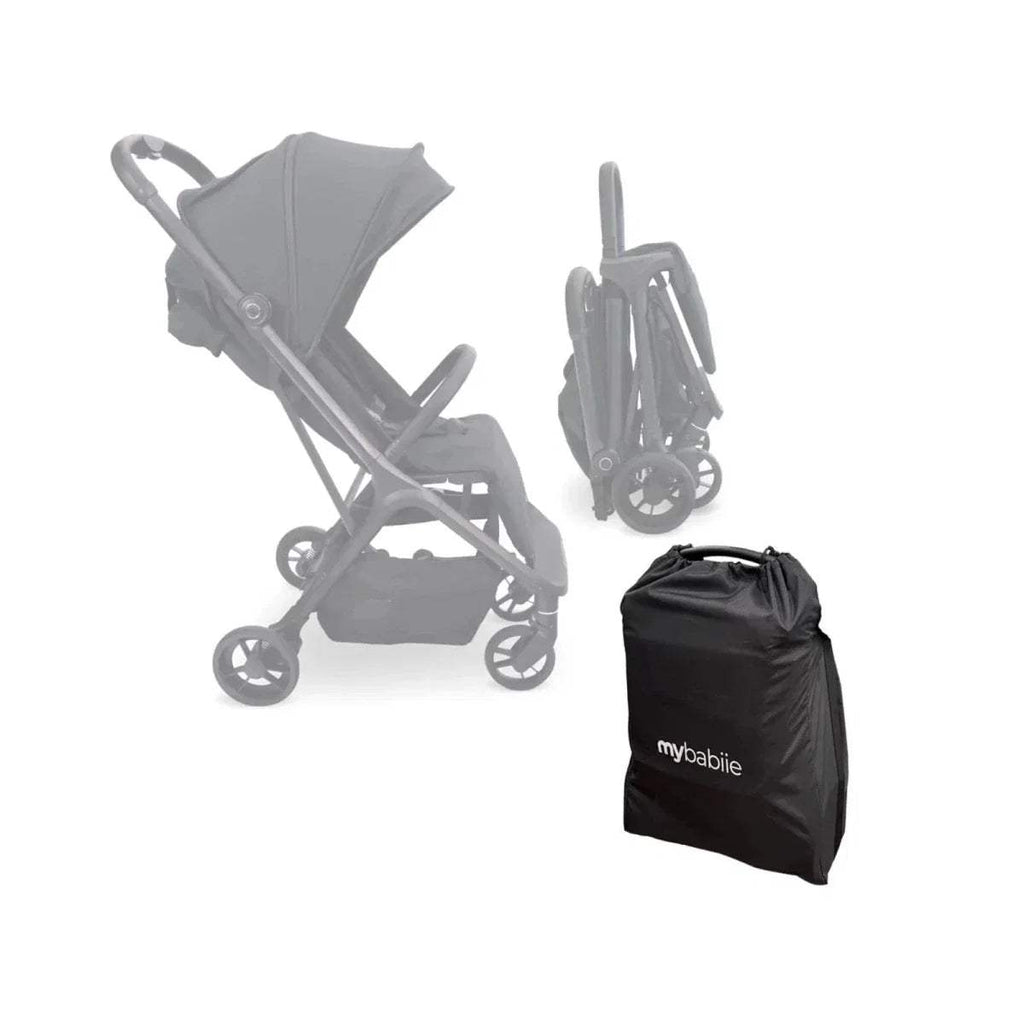 Black compact stroller shown folded with carry bag