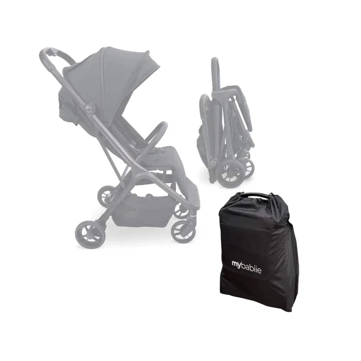Black compact stroller shown folded with carry bag