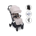 Camel compact stroller with curved canopy and padded seat in front view