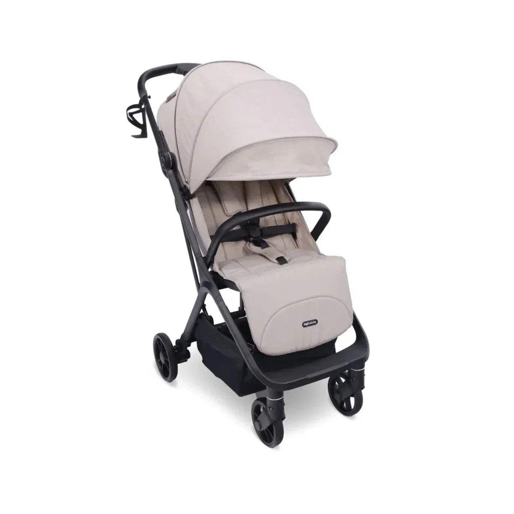 Camel compact stroller with padded seat, canopy, and front wheels in side view