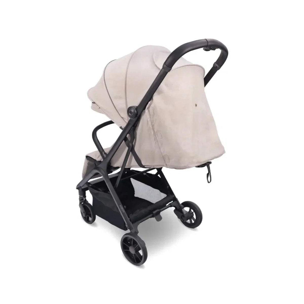 Camel compact stroller rear view with canopy and padded footrest area