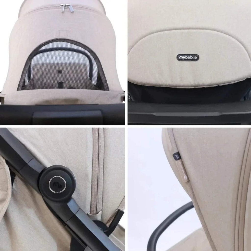 Camel stroller close-up: mybabiie canopy panel and mesh peek window