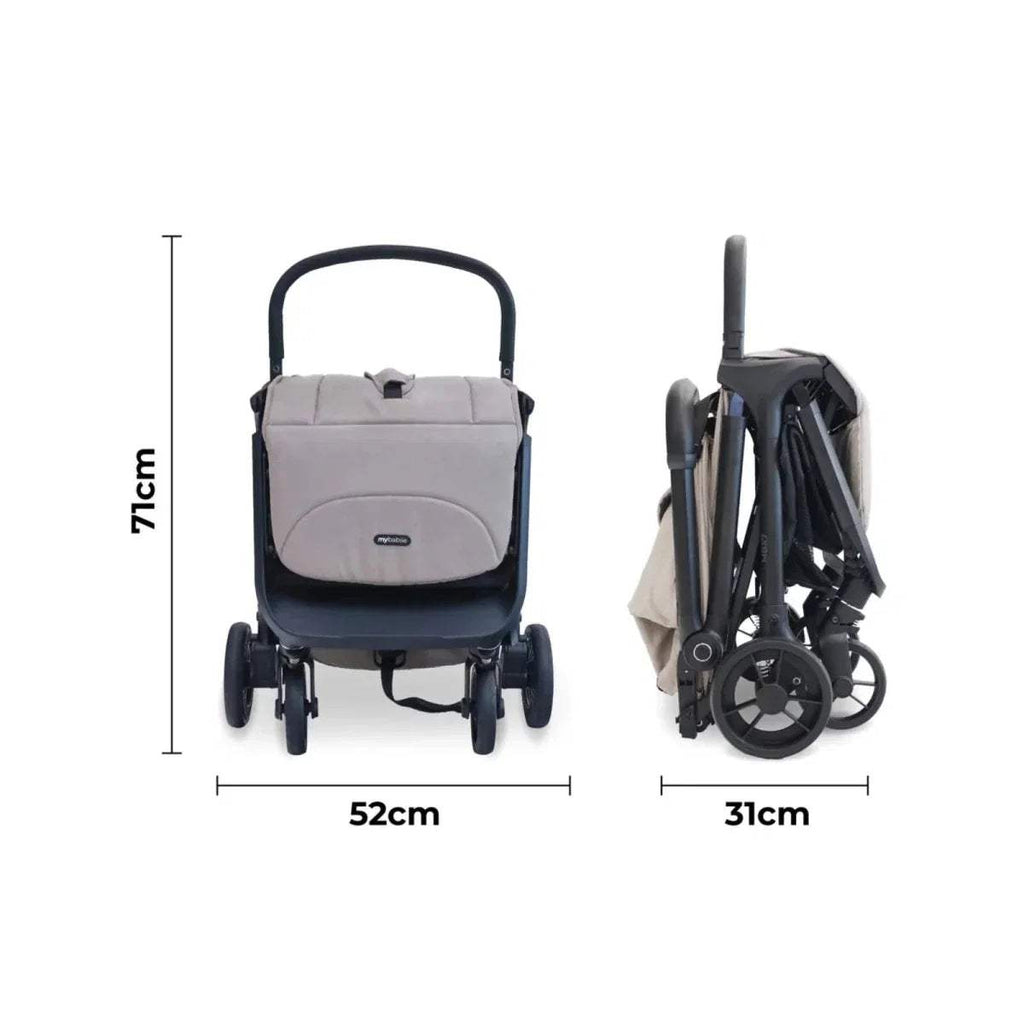Camel compact stroller dimensions shown: 52cm wide, 71cm height, folded view