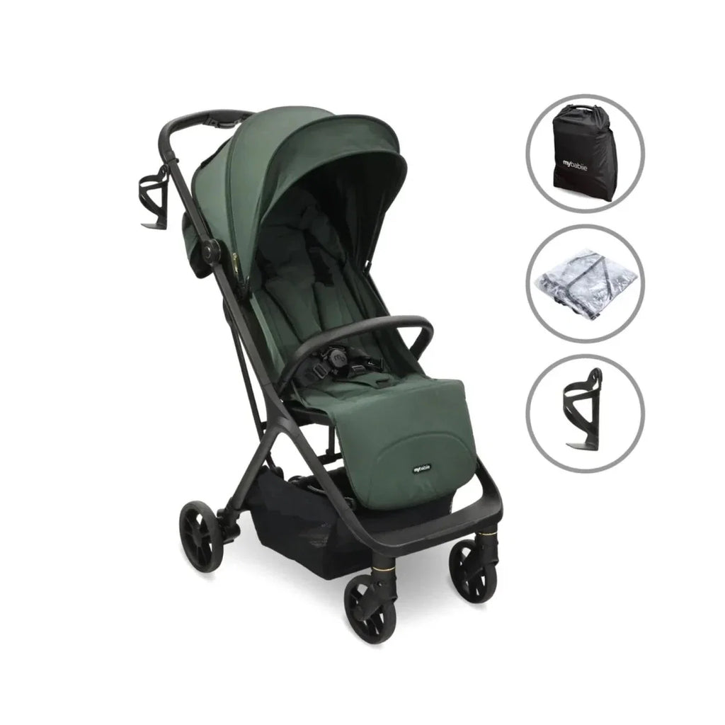 Forest green compact stroller with canopy, front wheels, and padded seat