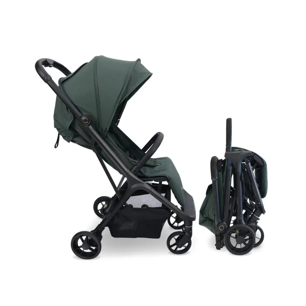 Forest green compact stroller open frame with canopy and front swivel wheels