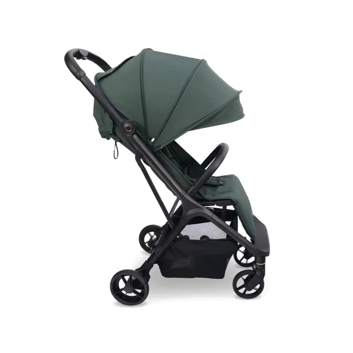 Forest green compact stroller with canopy and front wheels in side view