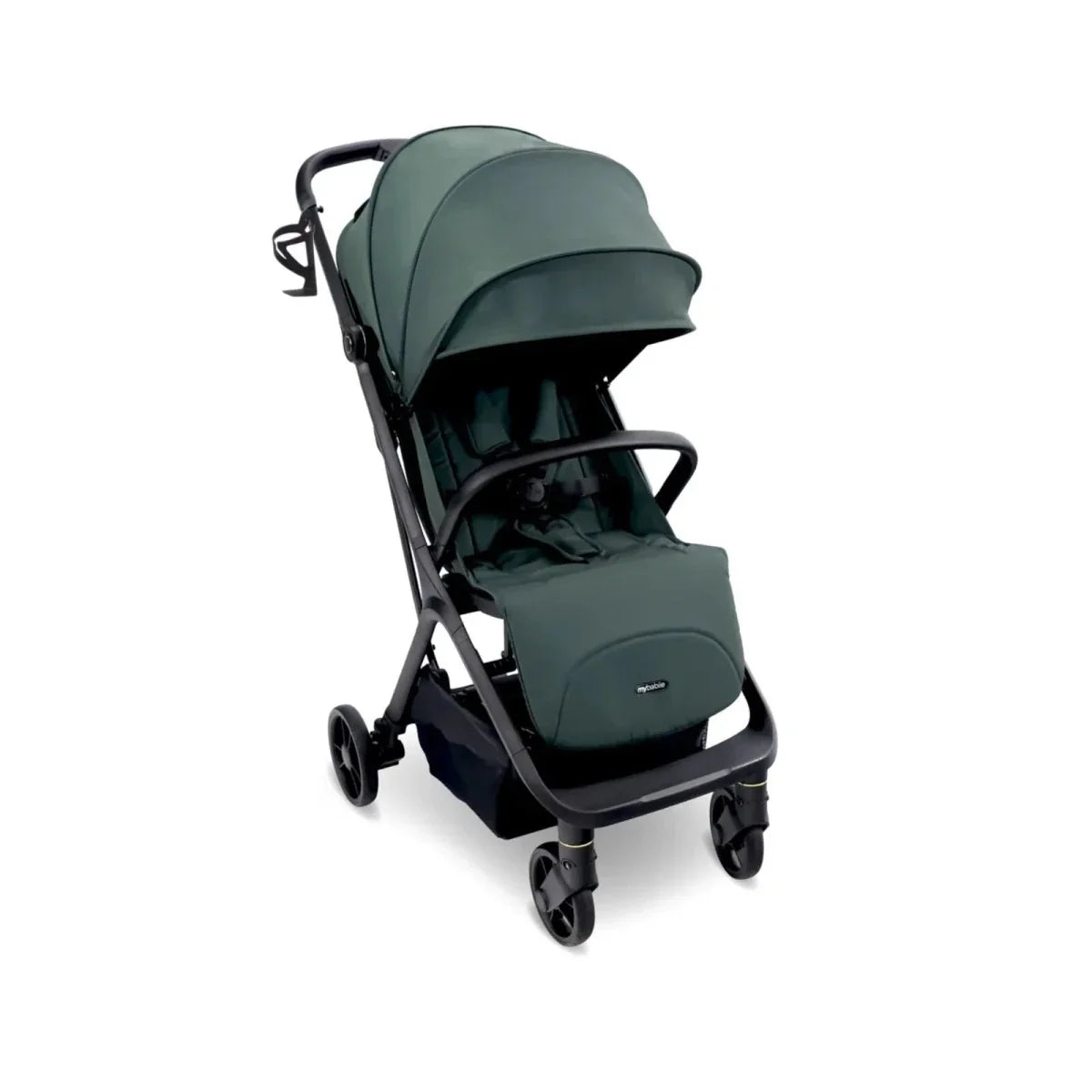 Forest green compact stroller seat with canopy and carry handle in angled view