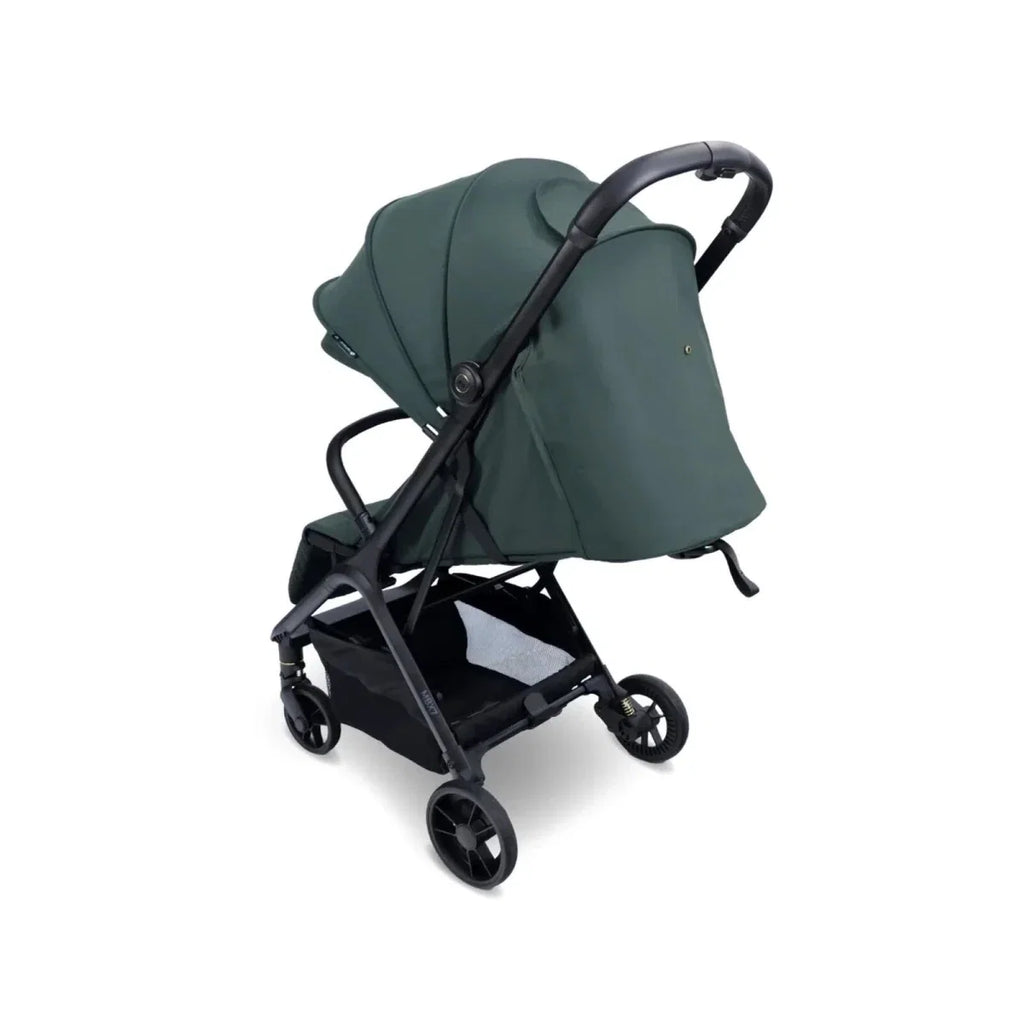 Forest green compact stroller with canopy and black frame with 4-wheel base