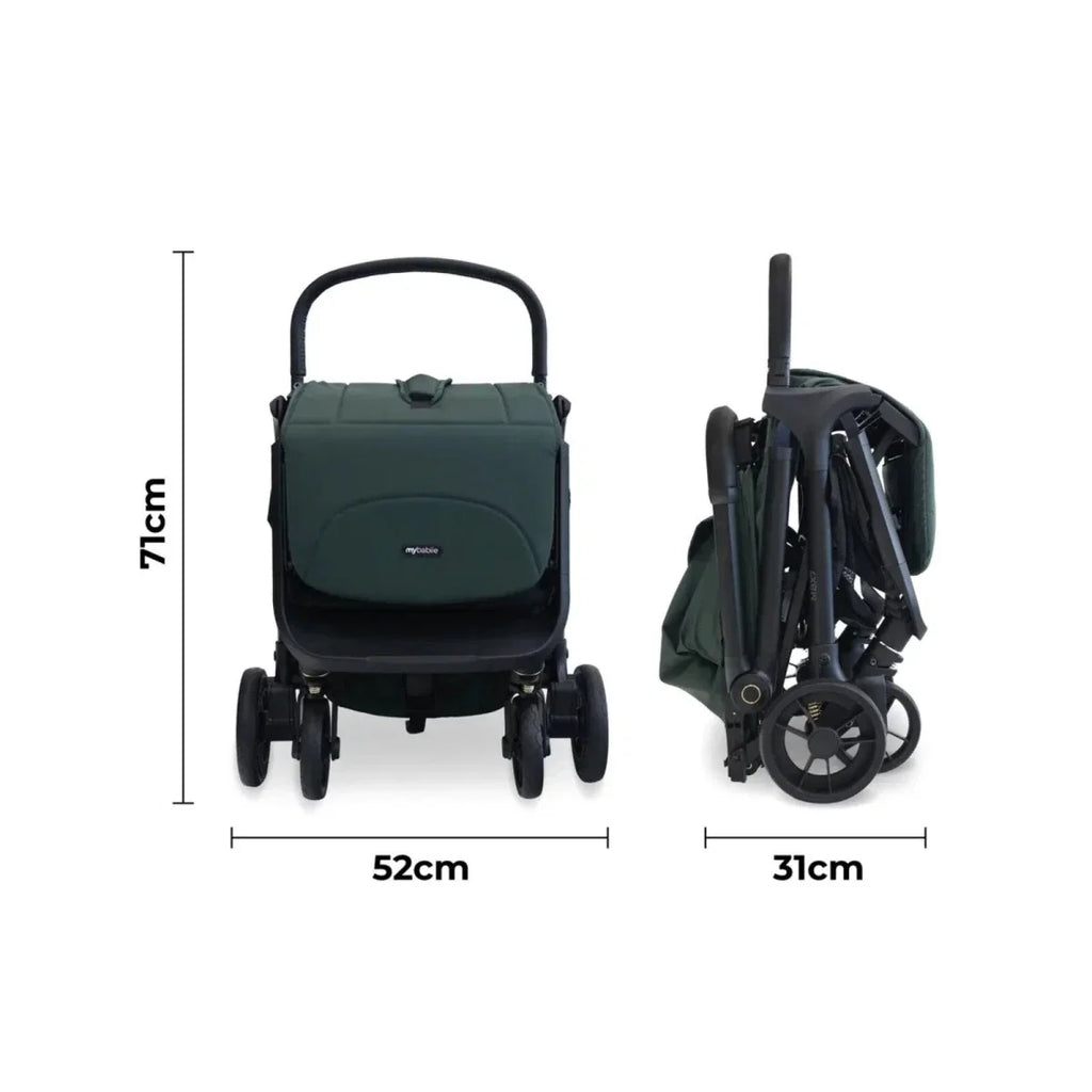 Forest green compact stroller front view with handle and folded stroller side