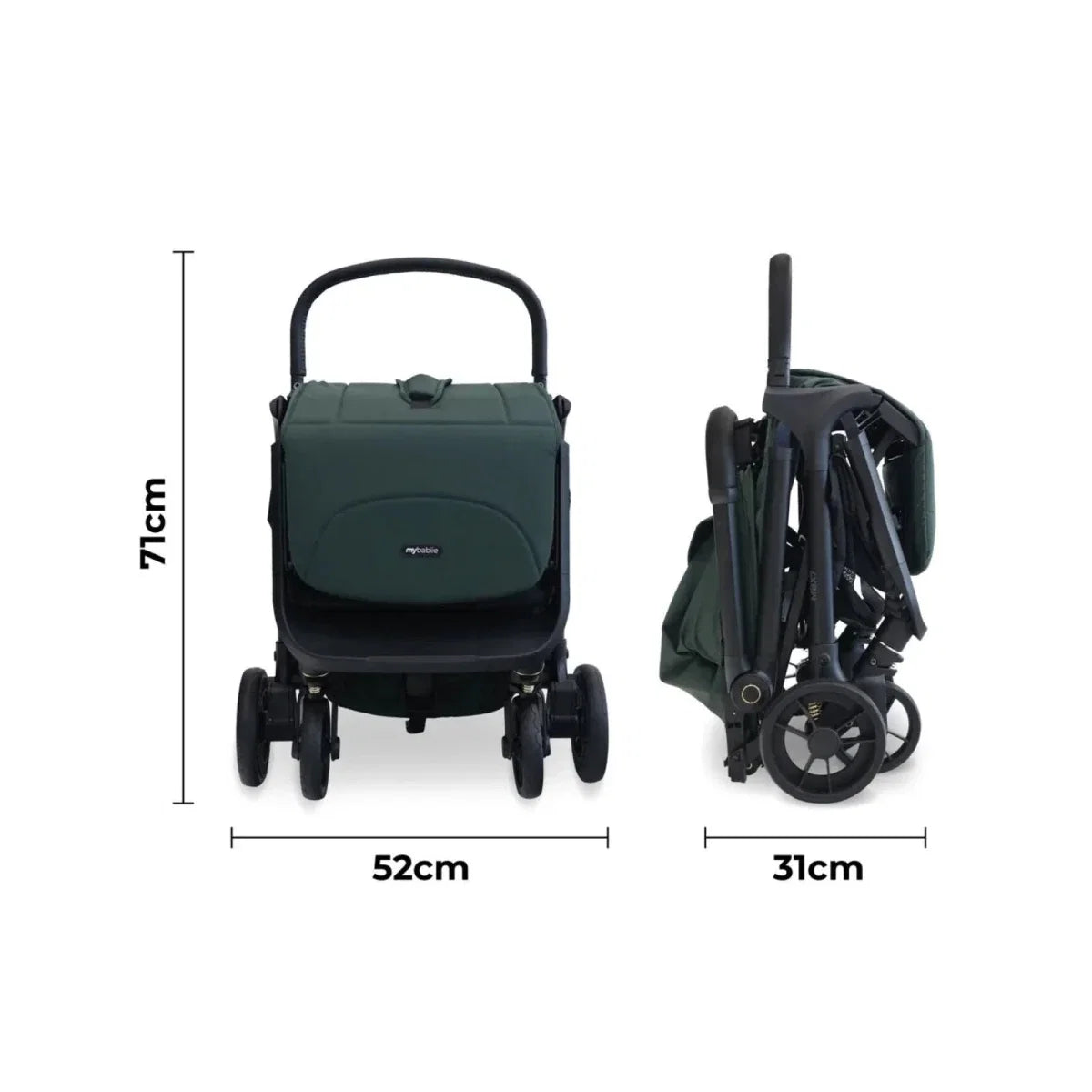 Forest green compact stroller front view with handle and folded stroller side